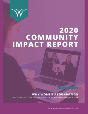 WNY Women's Foundation 2020 Community Impact Report cover page in purple with teal accents with a background image of a person on their laptop engaging in a virtual meeting