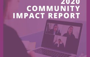 WNY Women's Foundation 2020 Community Impact Report cover page in purple with teal accents with a background image of a person on their laptop engaging in a virtual meeting