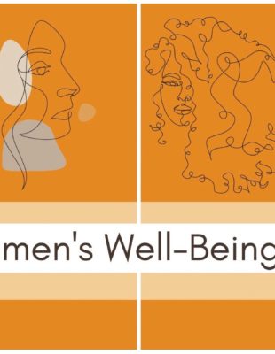 Orange, black, and white graphic of abstract drawings of femme faces with text "RI Women's Well-Being Index"