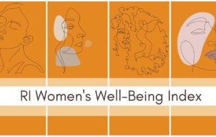 Orange, black, and white graphic of abstract drawings of femme faces with text "RI Women's Well-Being Index"