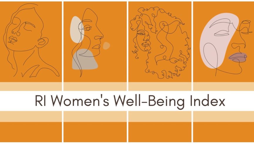 Orange, black, and white graphic of abstract drawings of femme faces with text "RI Women's Well-Being Index"