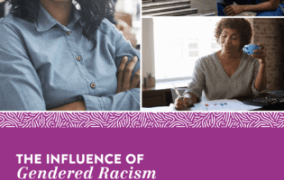 The Influence of Gendered Racism cover showing a Black woman with her arms crossed over her chest, a Black woman looking at pages on a clip board, and a Black woman looking at some charts.