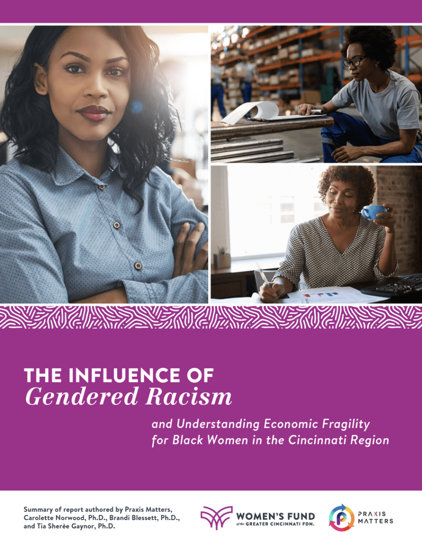 The Influence of Gendered Racism cover showing a Black woman with her arms crossed over her chest, a Black woman looking at pages on a clip board, and a Black woman looking at some charts.