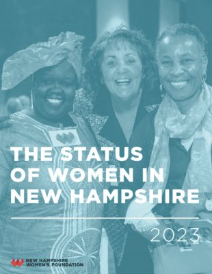 The Status of Women in New Hampshire cover showing three women smiling with their arms around each other