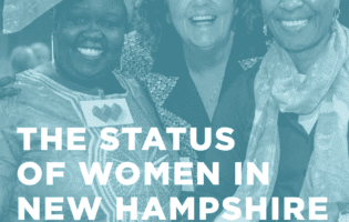 The Status of Women in New Hampshire cover showing three women smiling with their arms around each other