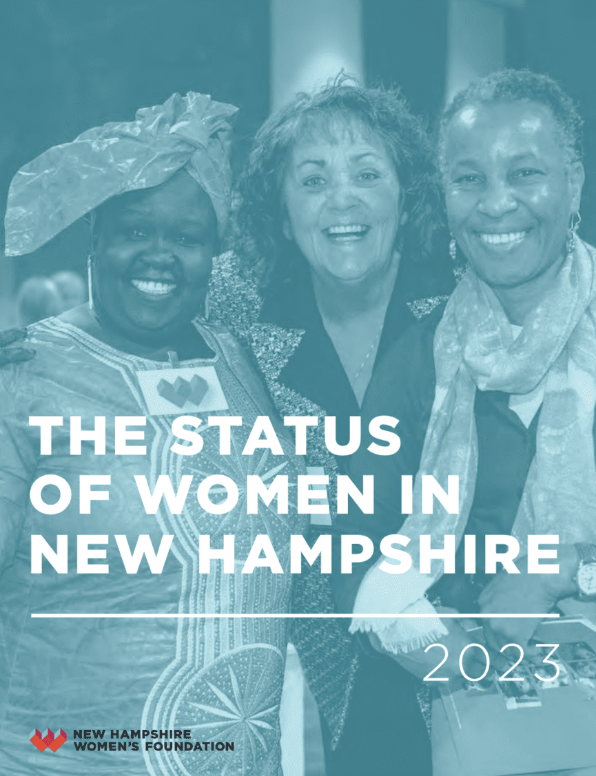 The Status of Women in New Hampshire cover showing three women smiling with their arms around each other