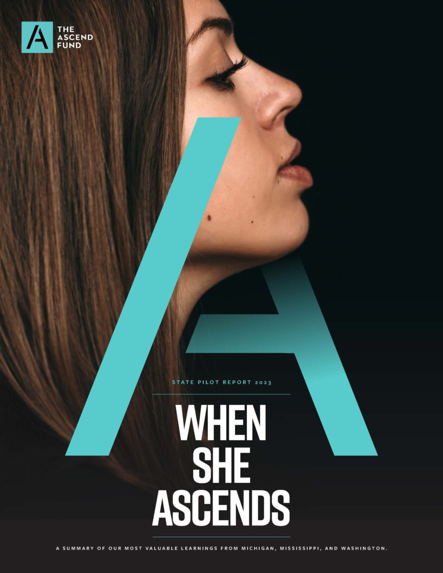 2023 State Pilot Report cover page featuring a side view of a woman's face with a turquoise letter "A" and the words: Stat Pilot Report 2023, When She Ascends, A summary of our most valuable learnings from Michigan, Mississippi, and Washington