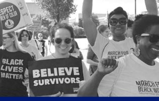 Report cover page for The New York Women's Foundation's The Fund for the Me Too Movement and Allies: A Funder-Activist Collaboration with a black and white photo of women marching holding signs, including some that read "Believe Survivors" and "Women of Color Have Always Led Change. We Won't Stop Now"