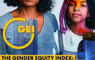 Cover page for The Women's Fund Miami-Dade Gender Equity Index Explainer with an image of a Black woman with chin-length curly dark hair and Black girl with red and black braids and an overview image of high-rise buildings