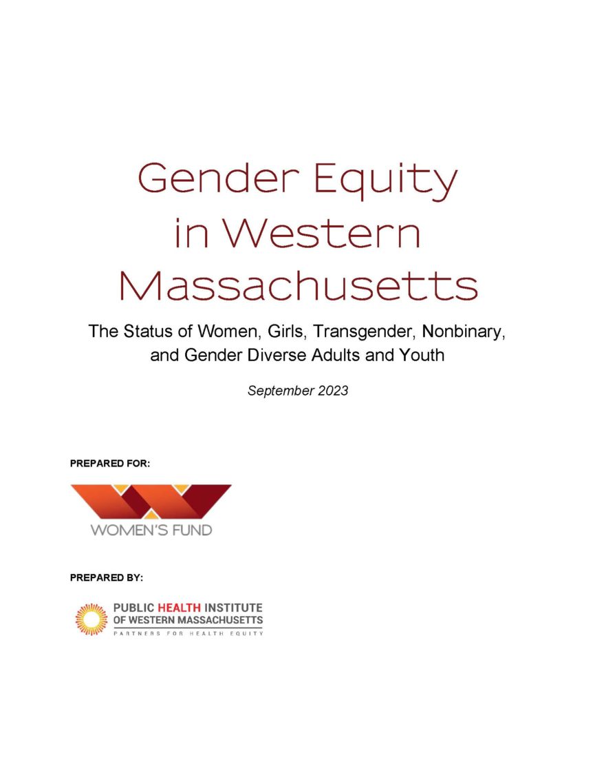 Womens Fund of Western Massachusetts Gender Equity Report cover page with white background and title text in maroon